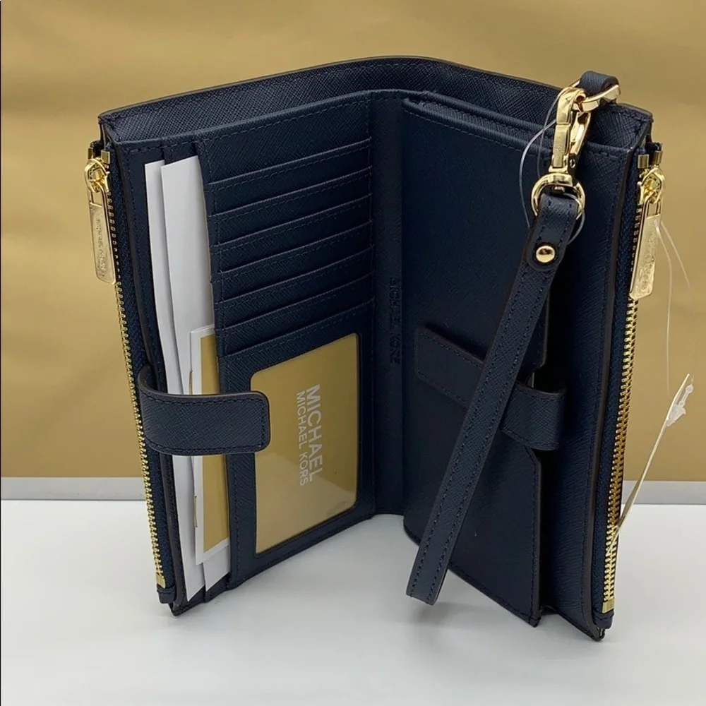MICHAEL KORS LG DOUBLE ZIP WRISTLET PHONE CASE - wallet Navy NWT - Picture 8 of 16